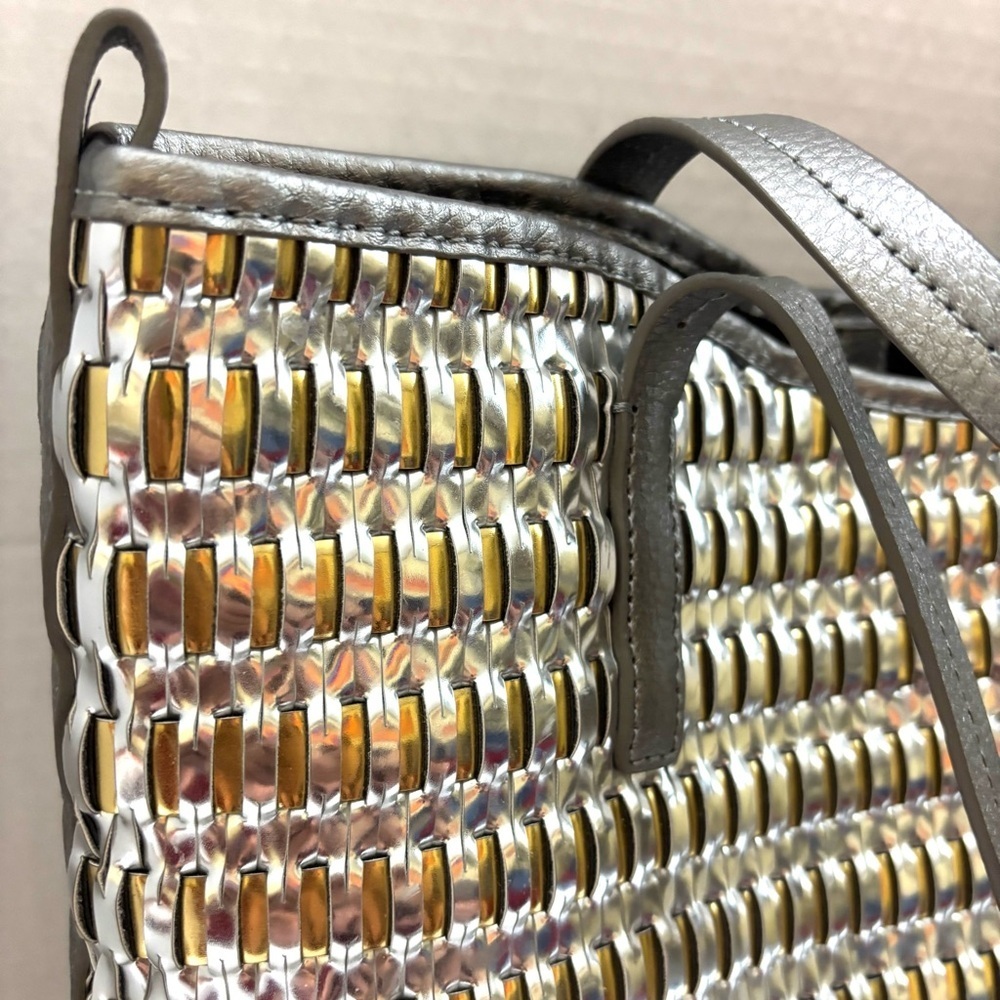 Botkier Large Silver/ Gold Metallic New York Leather Woven Tote Bag Purse - Picture 14 of 15